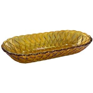 Vintage 1970s Indiana Glass Carnival Harvest Gold Relish Dish Pretzel Pattern